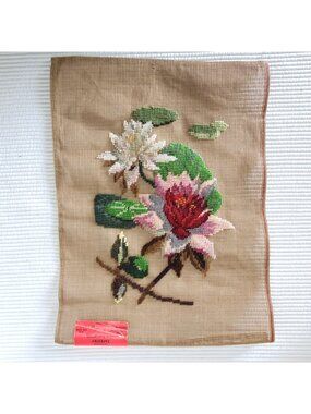 Corticelli Water Lily Needlepoint Floral Tapestry Piece 17x12 Cottagecore Floral